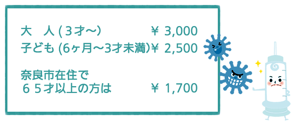 大人(3才〜)3000円子ども(6か月〜3才未満)2500円奈良市在住で65才以上の方は1700円